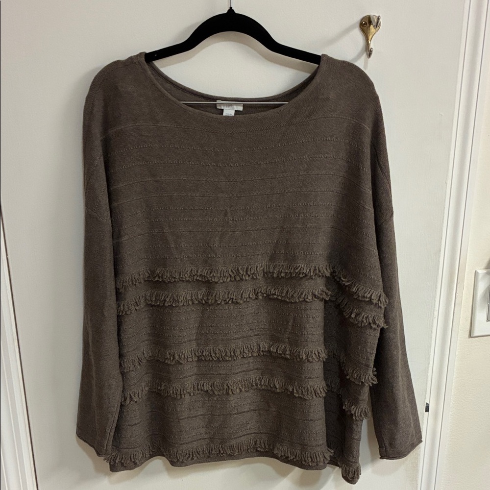 J. Jill Brown Crewneck Sweater with Fringe Detail